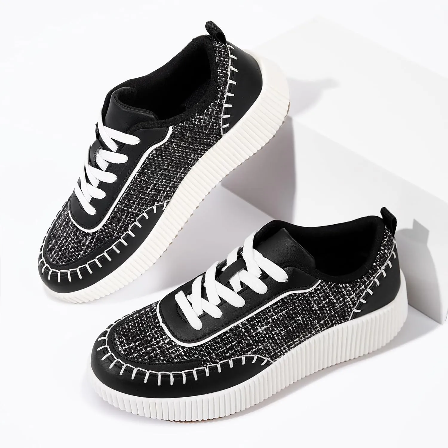Women's Platform Sneakers Low Top Chunky Retro Braided Walking Shoes Comfortable Lace Up Casual Shoes